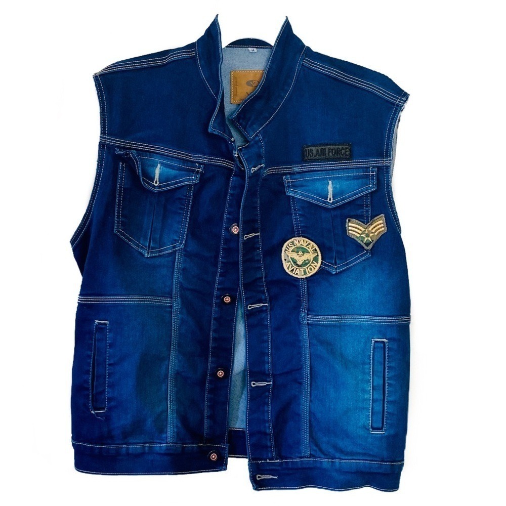 Denim Vest US Air‎ Force Patches Sleeveless Jean Jacket Blue Medium